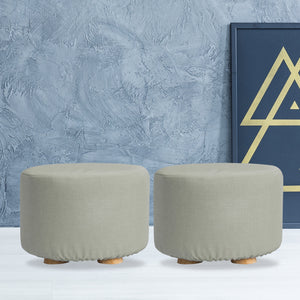 2X Fabric Ottoman Round Wooden Leg Foot Stool | GREY