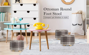 Fabric Ottoman Round Wooden Leg Foot Stool | LATTICE
