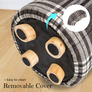 2X Fabric Ottoman Round Wooden Leg Foot Stool | LATTICE