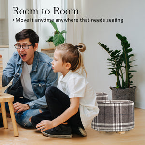 2X Fabric Ottoman Round Wooden Leg Foot Stool | LATTICE