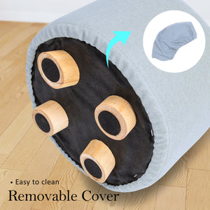 Fabric Ottoman Round Wooden Leg Foot Stool | LIGHT BLUE