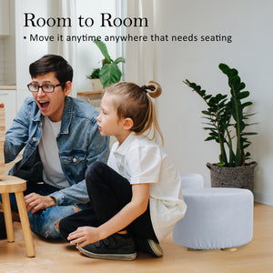 2X Fabric Ottoman Round Wooden Leg Foot Stool | LIGHT BLUE