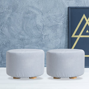 2X Fabric Ottoman Round Wooden Leg Foot Stool | LIGHT BLUE