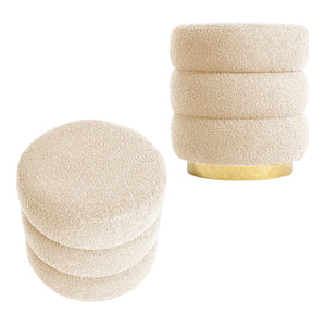 2X Round Stacked Ottoman Stool | Teddy Fleece Fabric Foot Rest | 38cm | Beige