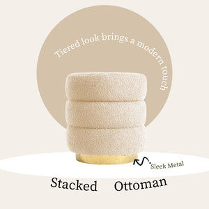 2X Round Stacked Ottoman Stool | Teddy Fleece Fabric Foot Rest | 38cm | Beige