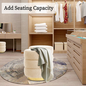 2X Round Stacked Ottoman Stool | Teddy Fleece Fabric Foot Rest | 38cm | Beige