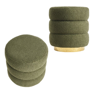 2X Round Stacked Ottoman Stool | Teddy Fleece Fabric Foot Rest | 38cm | Green