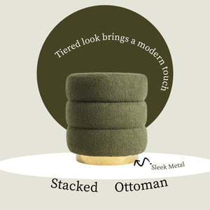 2X Round Stacked Ottoman Stool | Teddy Fleece Fabric Foot Rest | 38cm | Green