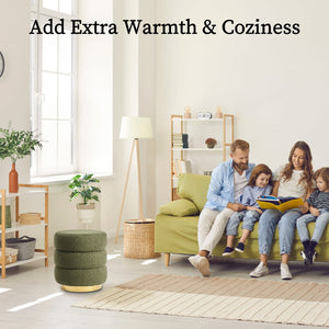 2X Round Stacked Ottoman Stool | Teddy Fleece Fabric Foot Rest | 38cm | Green