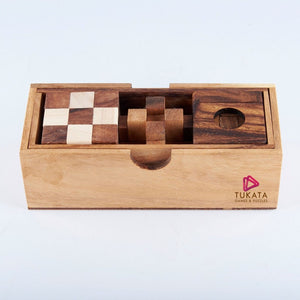 3 Individual Brainteaser Wooden Puzzles in Gift Wooden Box