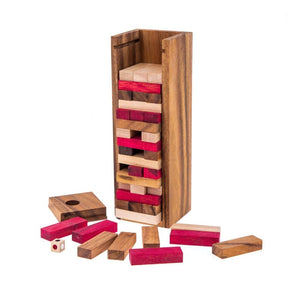 Stacking Tumbling Blocks | Red Wooden Balance Game with Dice Play Options | Handmade | Ages 4+