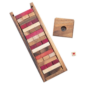 Stacking Tumbling Blocks | Red Wooden Balance Game with Dice Play Options | Handmade | Ages 4+