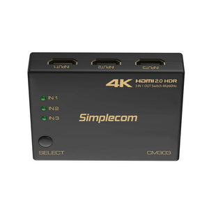 Simplecom CM303 Ultra HD 3-Way HDMI Switch | 3 In 1 Out Splitter | 4K @60Hz