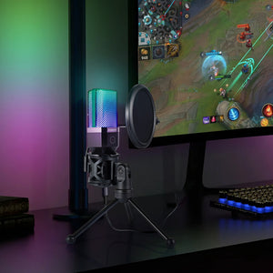 Simplecom UM650 USB Cardioid Condenser Microphone | Gaming Mic with RGB Lights, Tripod & Pop Filter