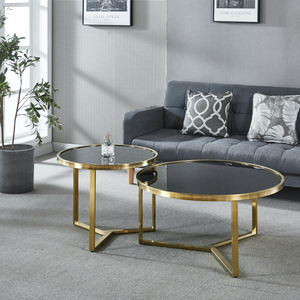Interior Ave Designer Giselle Black Glass & Brushed Gold Coffee Table Set | Modern & Luxe