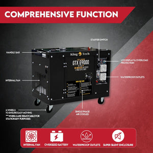 KINGTECH Diesel Generator | 8.4kW Max | 6kW Rated | Single Phase | Portable 13HP Power