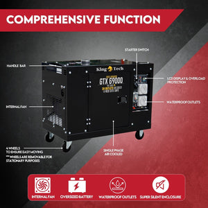 KINGTECH Diesel Generator | 8.4kW Max | 6kW Rated | Single Phase | Portable 13HP Power
