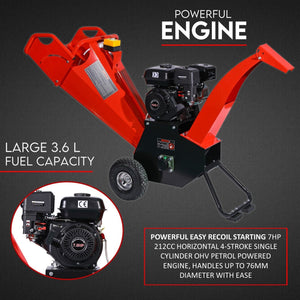 Wood Chipper Mulcher | 7HP | Self Feeding Petrol Machine | Portable Garden Shredder