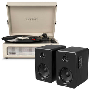 Crosley Voyager Bluetooth Portable Turntable | Dune + Majority D40 Bluetooth Speakers | Black | Bundle
