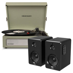 Crosley Voyager Bluetooth Portable Turntable | Sage + Majority D40 Bluetooth Speakers | Black | Bundle