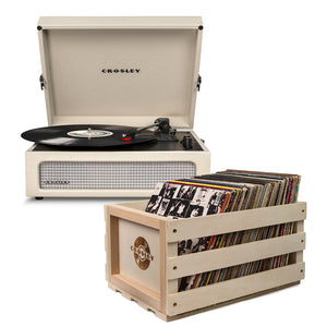 Crosley Voyager Bluetooth Portable Turntable + Record Storage Crate | Dune | Classic Music Bundle