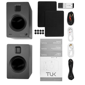 Kanto TUK 260W Powered Bookshelf Speakers | Bluetooth | USB | Phono Preamp | Matte Black | SE6 Black Stand Bundle