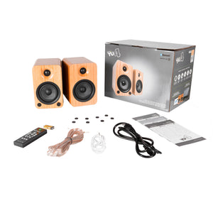 Kanto YU4 140W Powered Bookshelf Speakers | Bluetooth & Phono Preamp | Bamboo | SE4 Black Stand Bundle