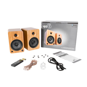 Kanto YU6 200W Powered Bookshelf Speakers | Bluetooth & Phono Preamp | Bamboo | SX26 Black Stand Bundle