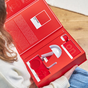 Lexon Pantone Gift Set | Mino+ Speaker, Flip Clock, Mina M Lamp, Thykho 3 Speaker | Red 2035