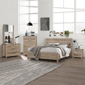 5-Piece Bedroom Suite | Natural Wood-like MDF | Double Size Oak Colour Bed | Bedside Table | Tallboy & Dresser