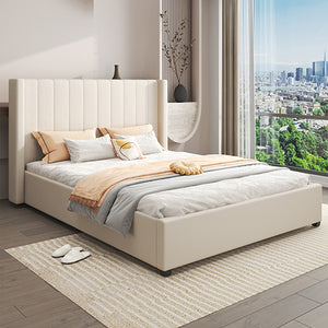 King Size High Rise Headboard | Linen Beige Fabric | Four MDF Drawers with Wheels | Bed Frame