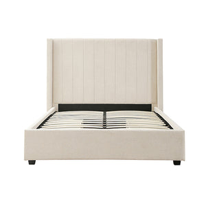 King Size High Rise Headboard | Linen Beige Fabric | Four MDF Drawers with Wheels | Bed Frame