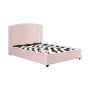 Camelia Double Size Bed Frame | Pink Velvet Upholstery | High Headboard | Quality Slats | Metal Structure