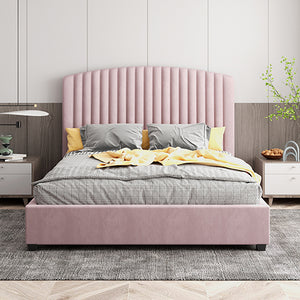 Camelia King Single Size Bed Frame | Pink Velvet Upholstery | High Headboard | Quality Slats | Metal Structure