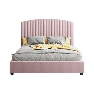Camelia King Single Size Bed Frame | Pink Velvet Upholstery | High Headboard | Quality Slats | Metal Structure