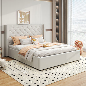 Veronica Bed Frame Queen Size | Winged Grey Linen Fabric | Seam Grid Pattern | Gas Lift | Plywood & Metal Structure