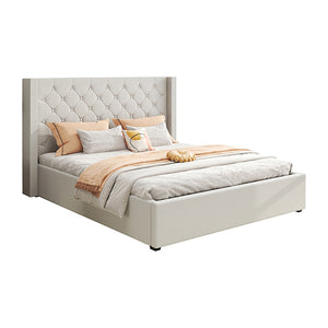 Veronica Bed Frame Queen Size | Winged Grey Linen Fabric | Seam Grid Pattern | Gas Lift | Plywood & Metal Structure