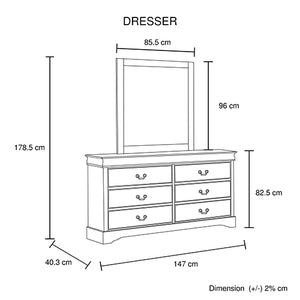 Dressing Chest with 6 Storage Drawers | Solid Wooden | Mirror | Metal Handles | Grey Colour