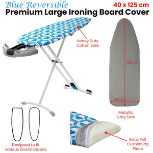 Blue Reversible Premium Large Ironing Board Cover | Underlay Included | 40 x 125 cm