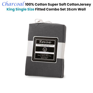 Revive | 100% Cotton Jersey Super Soft Fitted Sheet Combo Set | Charcoal | King Single | 35cm Wall