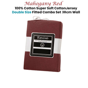Revive Mahogany Red 100% Cotton Jersey Super Soft Fitted Sheet Combo Set | Double | 38cm Wall