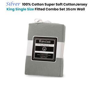 Revive | 100% Cotton Jersey Super Soft Fitted Sheet Combo Set | Silver | King Single | 35cm Wall