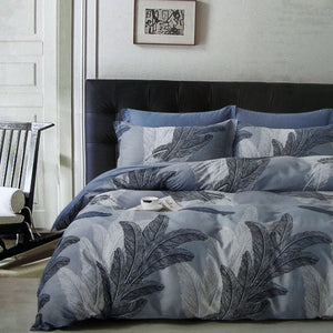 300TC Palm Leaf Blue Reversible Cotton Quilt Cover Set | Queen