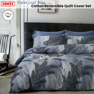 300TC Palm Leaf Blue Reversible Cotton Quilt Cover Set | Queen
