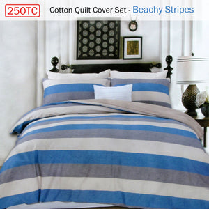 250TC Cotton Reversible Quilt Cover Set | Beachy Stripes | Queen