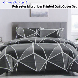 Artex Owen Charcoal Quilt Cover Set | Geometric Pattern | Reversible | Printed Microfiber Polyester | Queen