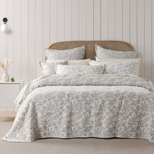 Bianca Amelia Quilted Bedspread Set | Stone Jacquard Foliage | Queen
