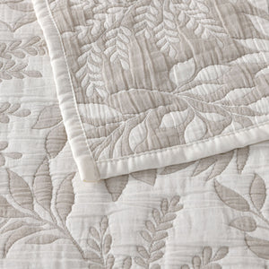 Bianca Amelia Quilted Bedspread Set | Stone Jacquard Foliage | Queen