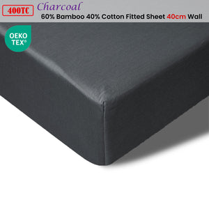400TC Charcoal Bamboo Cotton Fitted Sheet | 40cm Wall | King Single