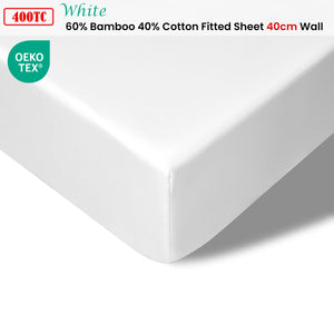 400TC White Bamboo Cotton Fitted Sheet | 40cm Wall | King Single